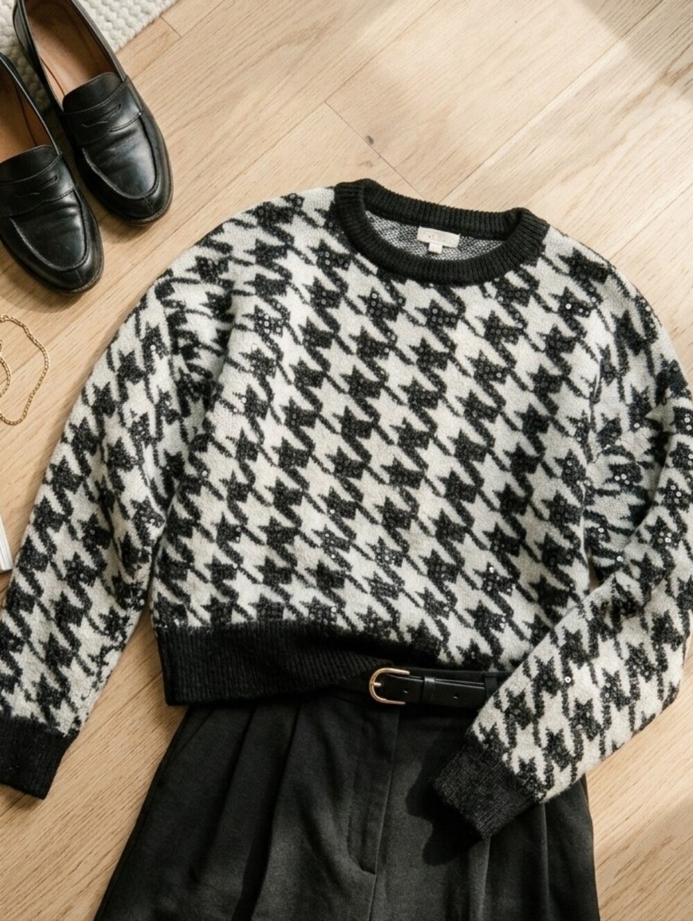 debut Black and White Houndstooth Sweater with Sequin Accents